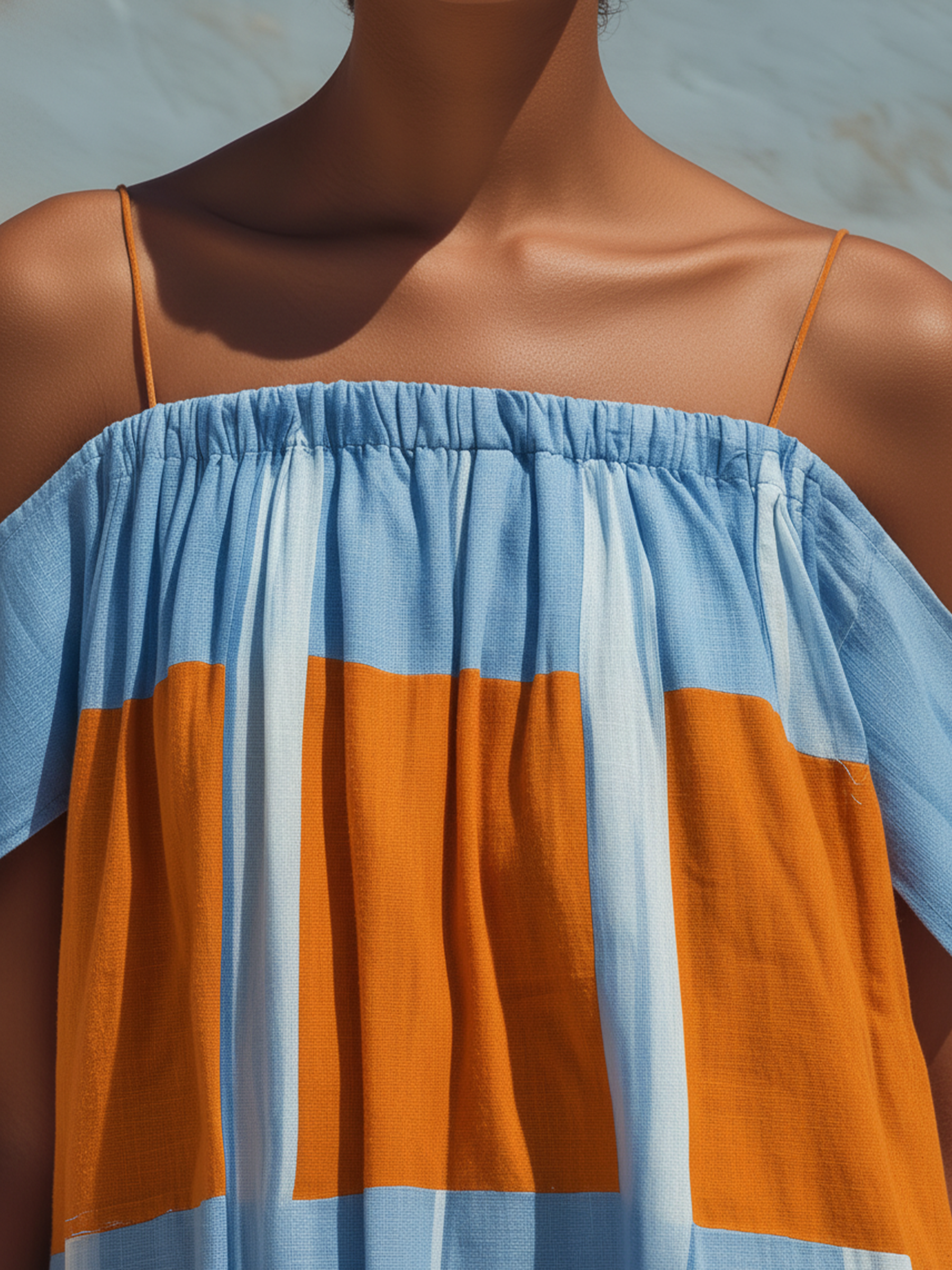 Blue & Orange Striped Off-Shoulder Maxi Dress