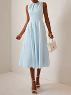 Blue Ruched Crew Neck Sleeveless A-Line Midi Dress