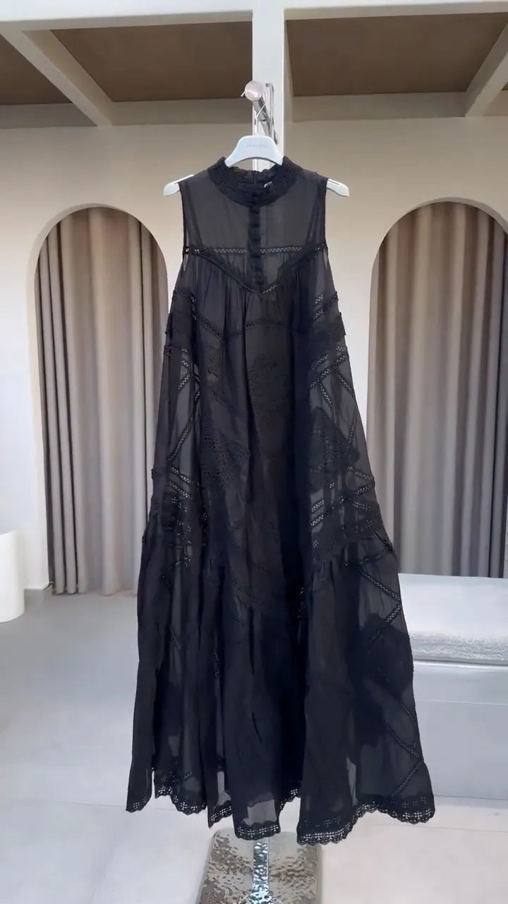 High Neck Eyelet Lace Sheer Maxi Dress