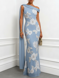 Light Blue 3D Floral Classic One Shoulder Sleeveless Mermaid Floor-length Gown Dress