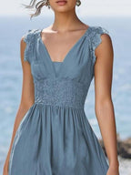 (SIZE:XS-XXL)Linen Maxi Dress, Sleeveless, V neck, Plain, Vintage, Blue