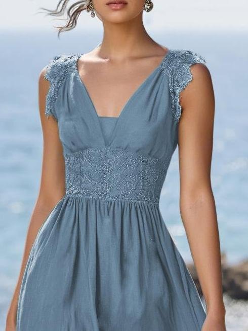 (SIZE:XS-XXL)Linen Maxi Dress, Sleeveless, V neck, Plain, Vintage, Blue