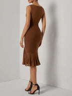 Brown Pleated Slit Classic Boat Neck Sleeveless Mermaid Midi Dress