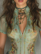Retro-print Slim-fit Chiffon Short-sleeved Blouse