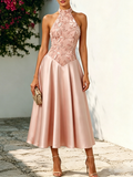 Pink Satin Halter Neck Sleeveless A-Line Midi Dress