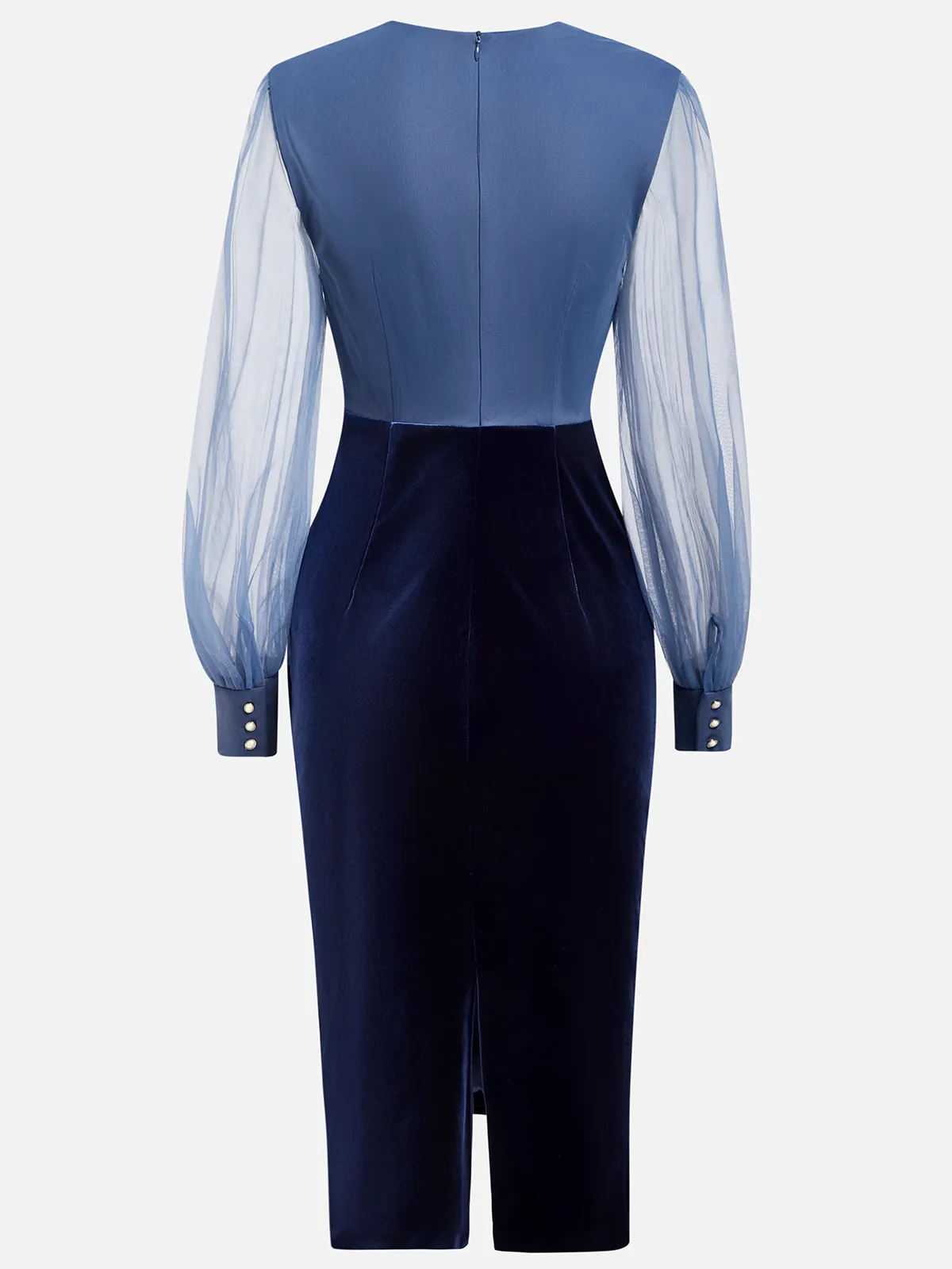 Navy Blue Mesh Split Joint Balloon Sleeve Sheath Midi Velvet Dress