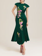 Green Satin Floral Embroidery Cap Sleeve Slit Sheath Maxi Dress
