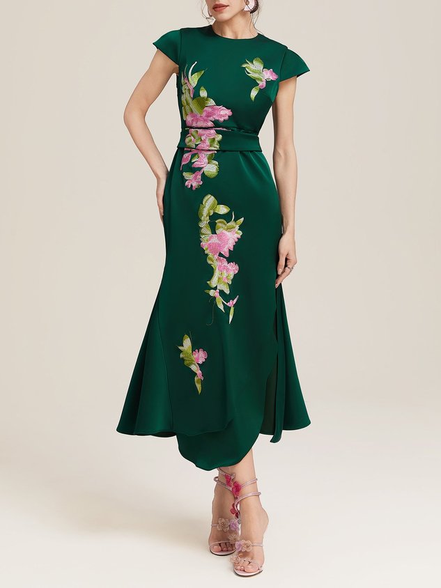 Green Satin Floral Embroidery Cap Sleeve Slit Sheath Maxi Dress