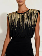 Black Hot Drilling Knit Crew Neck Sleeveless Bodycon Midi Dress