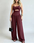 Waist Cutout Tie-Back Flowy Wide Leg Jumpsuit
