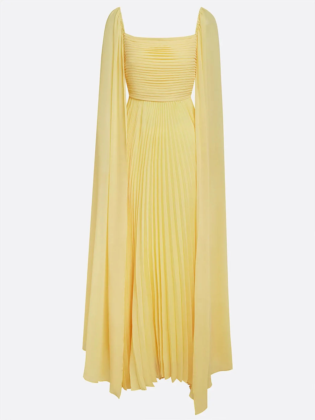 Yellow Pleated Chiffon Dress Square Neck Long Sleeve A-Line Gown