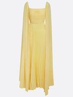 Yellow Pleated Chiffon Dress Square Neck Long Sleeve A-Line Gown
