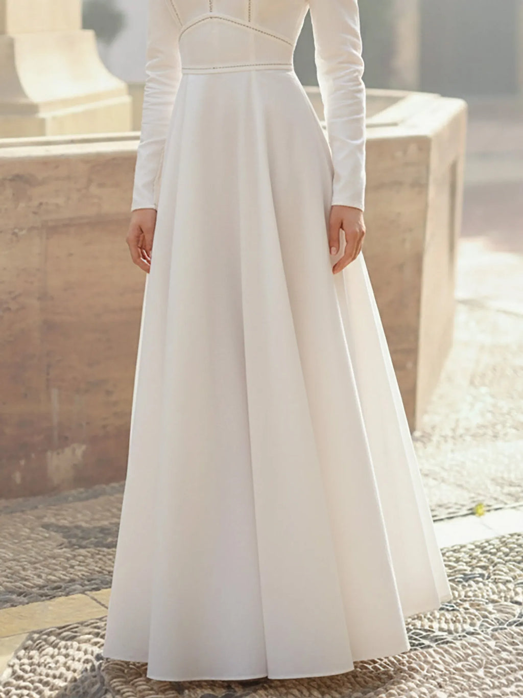 Maxi Linen Dress, Long Sleeves, Round Neck, Plain, French Vintage, White
