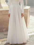 Maxi Linen Dress, Long Sleeves, Round Neck, Plain, French Vintage, White