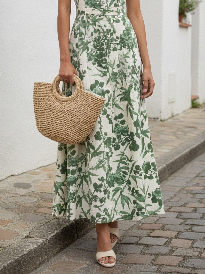 Maxi Linen Dress, Sleeveless, Shawl Collar, Floral, Vintage, Green