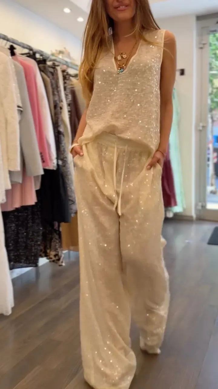 Sequin V-Neck Sleeveless Top & Drawstring Wide Leg Pant Set
