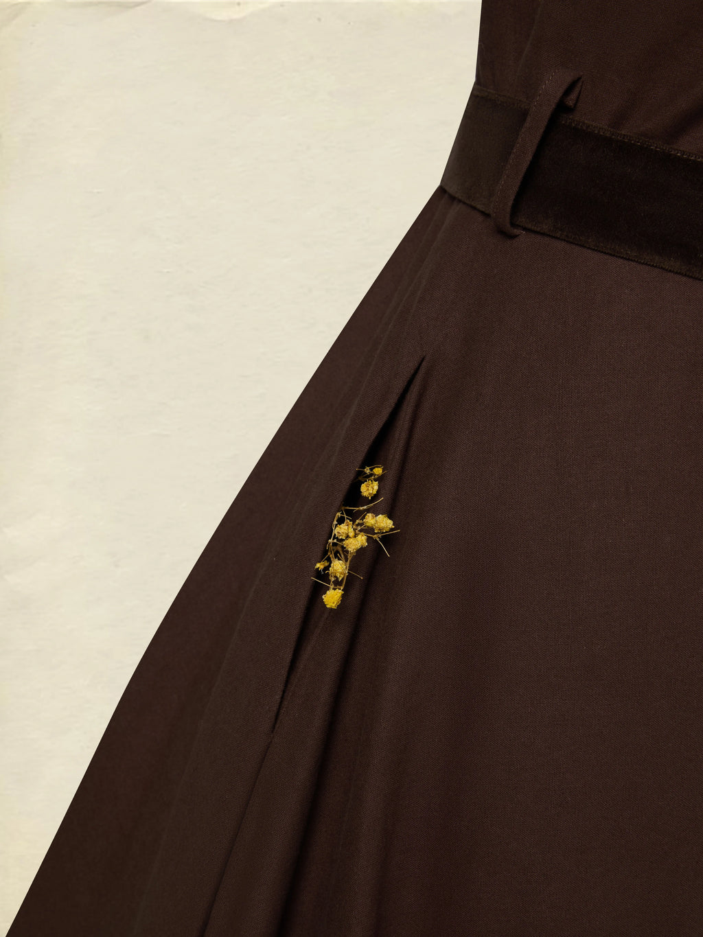 Midi Cotton Dress, Long Sleeves, Shawl Collar, Plain, Belt Design, Vintage, Coffee