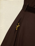Midi Cotton Dress, Long Sleeves, Shawl Collar, Plain, Belt Design, Vintage, Coffee