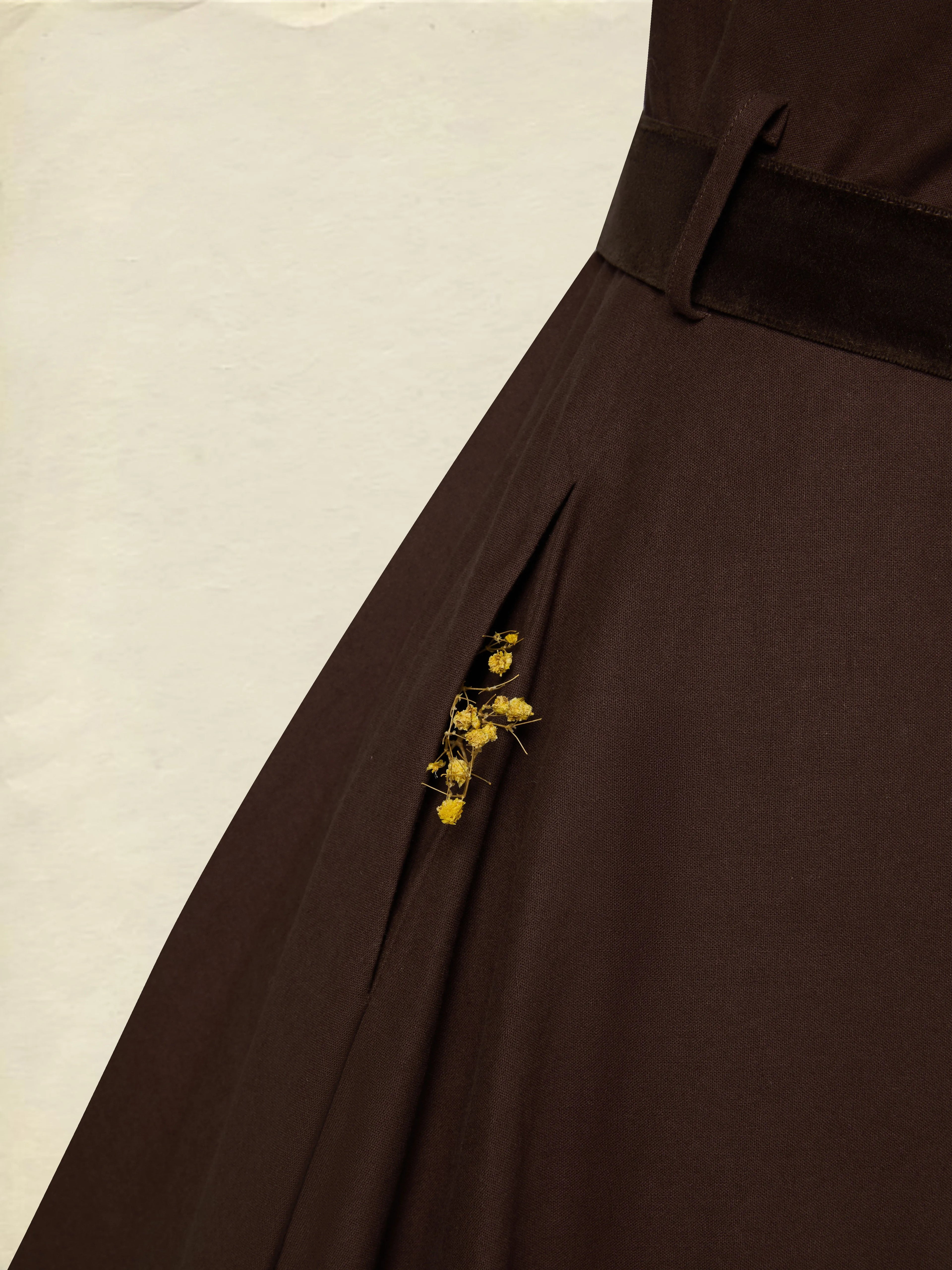 Midi Cotton Dress, Long Sleeves, Shawl Collar, Plain, Belt Design, Vintage, Coffee