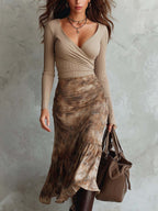 Ribbed Knit Top With Printed Chiffon Midi Dress