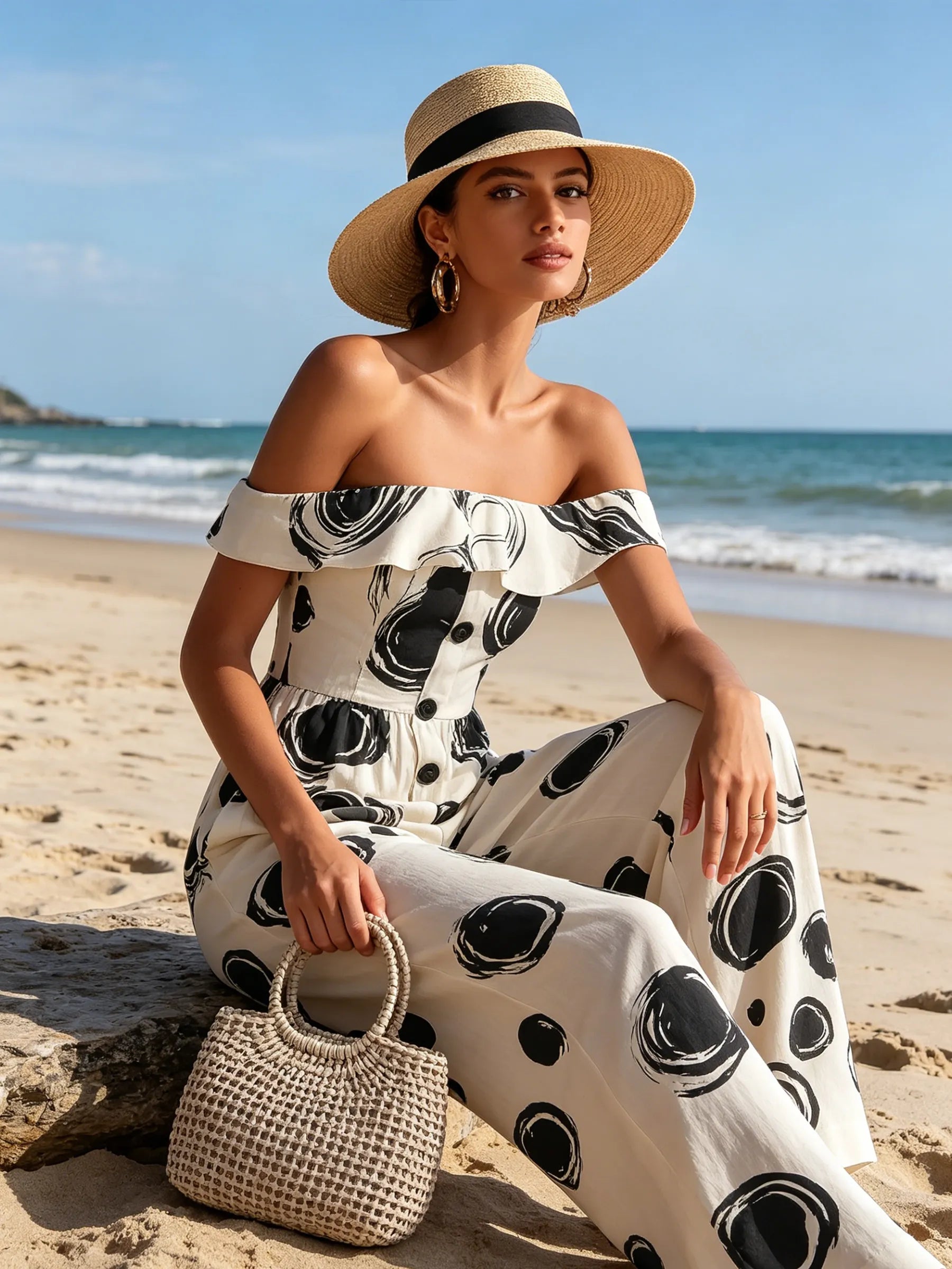 Abstract Circle Print Off-Shoulder Wide-Leg Jumpsuit