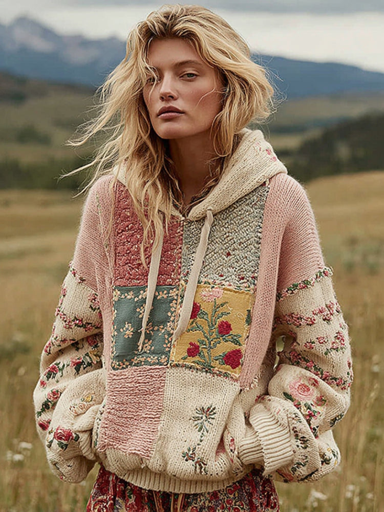 Women's Vintage Floral Patchwork Cozy Knit Sweater Hooded