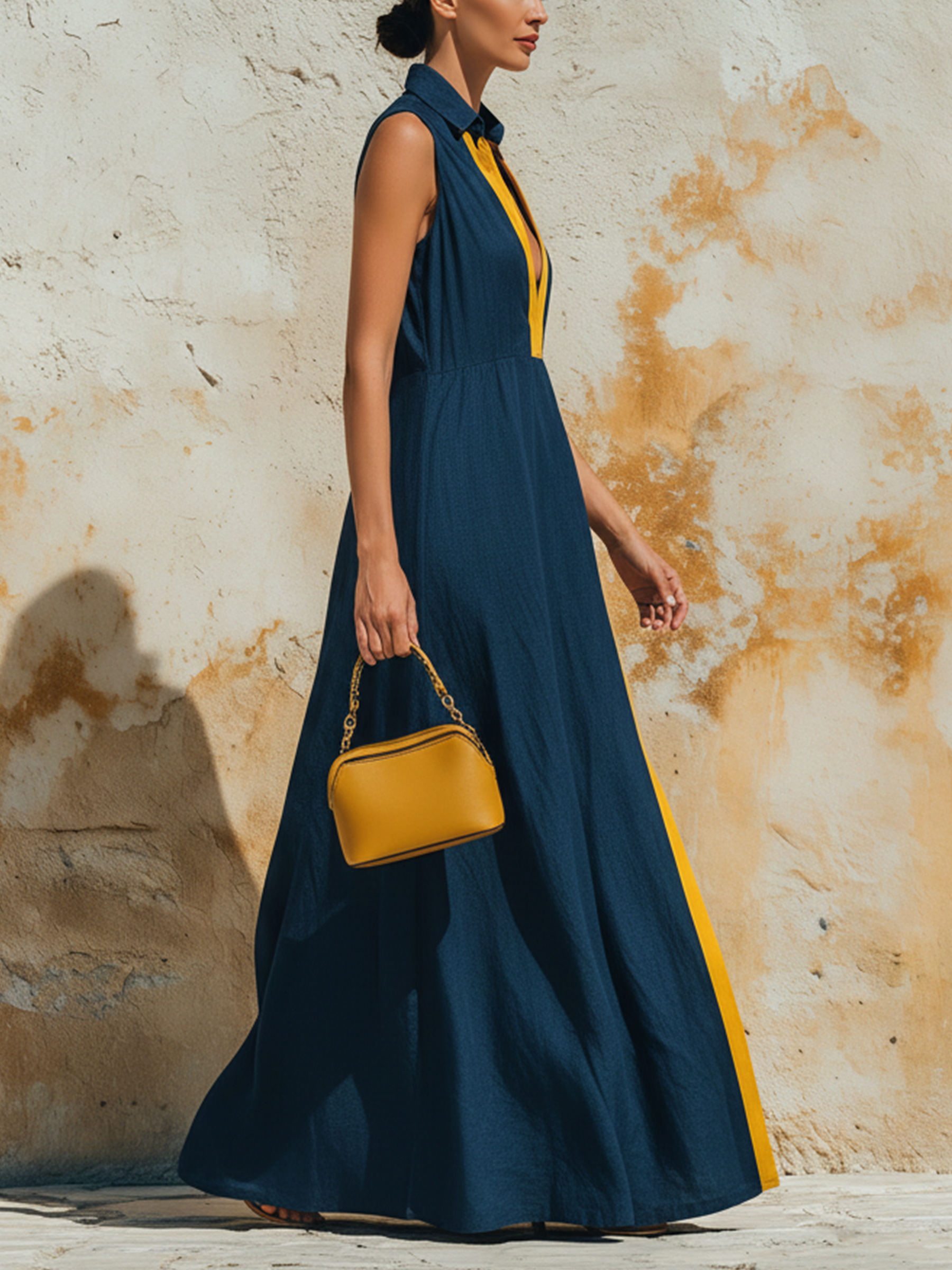 Navy Blue Tencel Denim Contrast Trim Sleeveless Maxi Dress