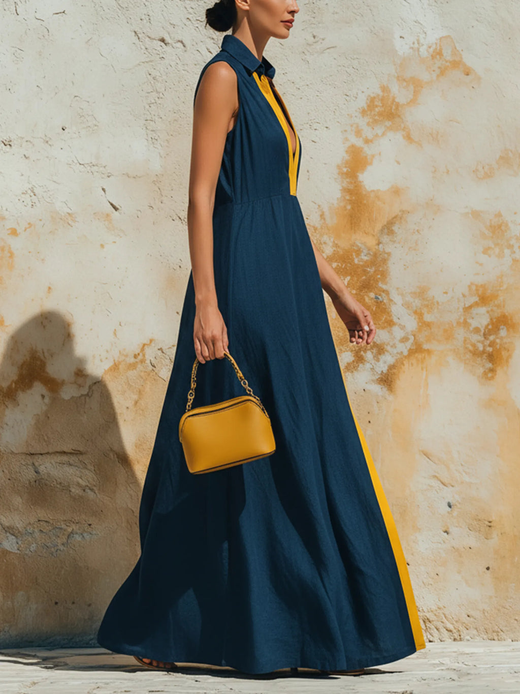 Navy Blue Tencel Denim Contrast Trim Sleeveless Maxi Dress
