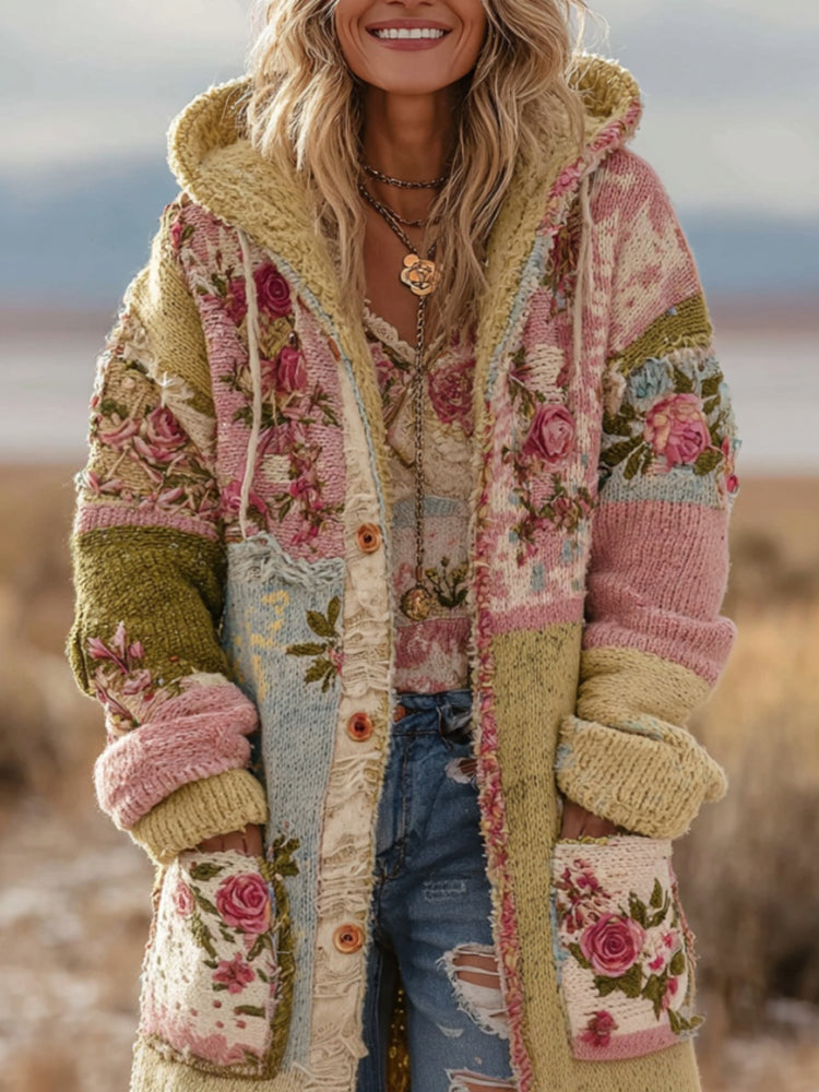 Women's Vintage Patchwork Floral Art Cozy Knit Hooded Cardigan
