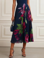 Navy Blue Pleated Floral Chiffon V Neck Cap Sleeve A-Line Midi Dress