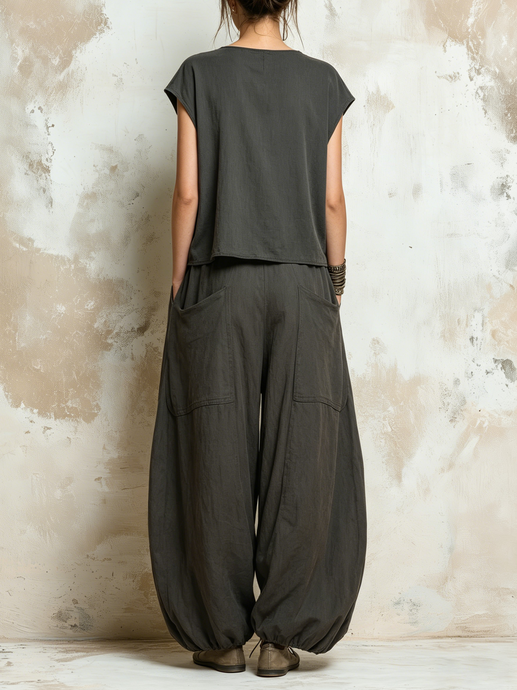 Dark Grey Oversized Linen Blend Harem Pants & Cap Sleeve Top Set