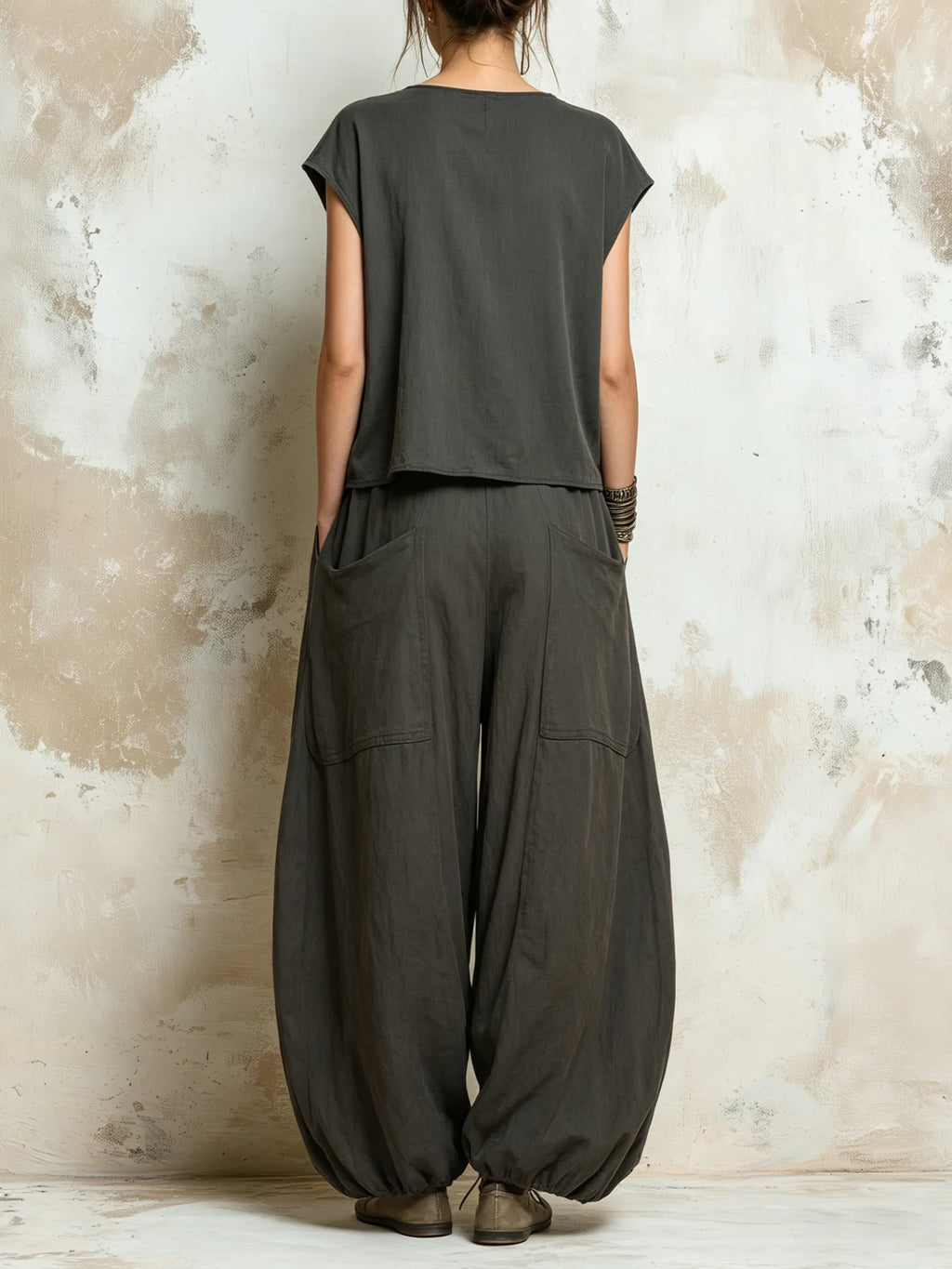 Dark Grey Oversized Linen Blend Harem Pants & Cap Sleeve Top Set