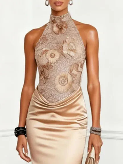 Champagne 3D Floral Sequin Satin Halter Neck Sleeveless Mermaid Floor-length Gown Dress