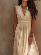 Boho Sandstone Ivory Lace-Trim Maxi Dress
