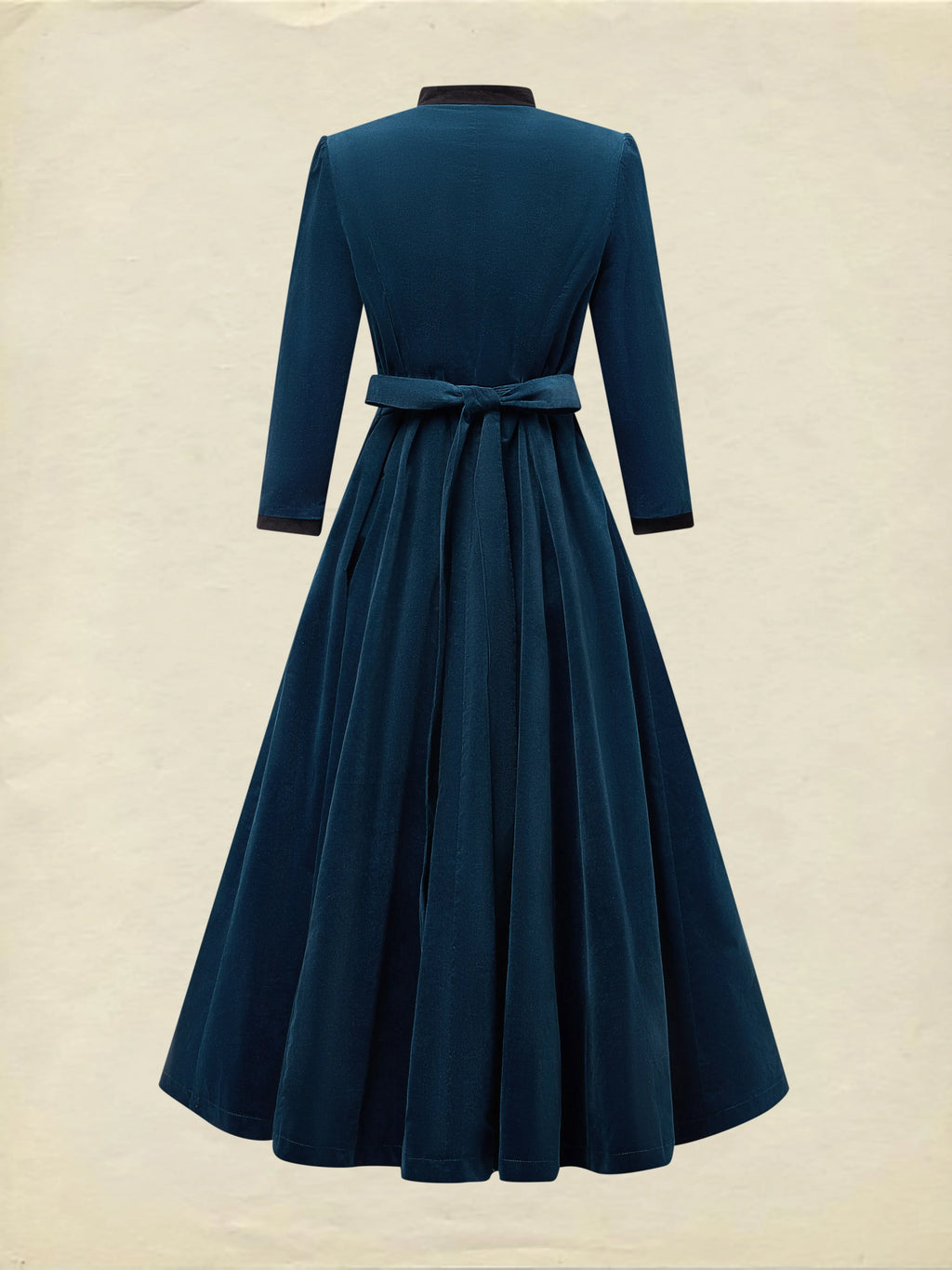 Midi Cotton Dress, Half Sleeve, Stand Collar, Plain, Button Design, Vintage, Deep Blue