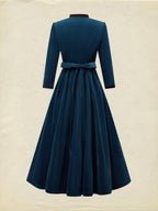 Midi Cotton Dress, Half Sleeve, Stand Collar, Plain, Button Design, Vintage, Deep Blue