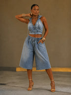 Hooded Sleeveless Denim Crop Top & Bermuda Short Set
