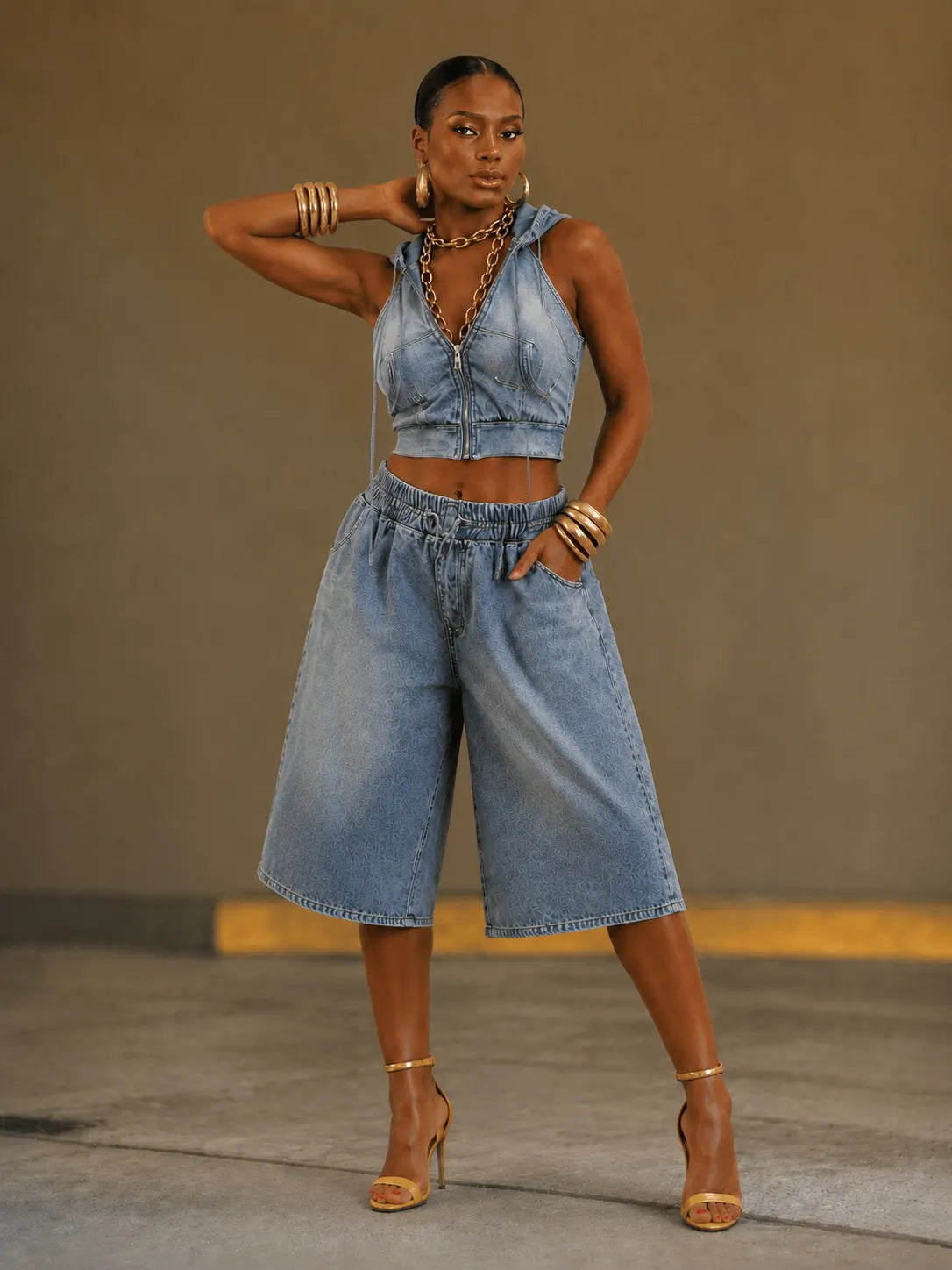 Hooded Sleeveless Denim Crop Top & Bermuda Short Set