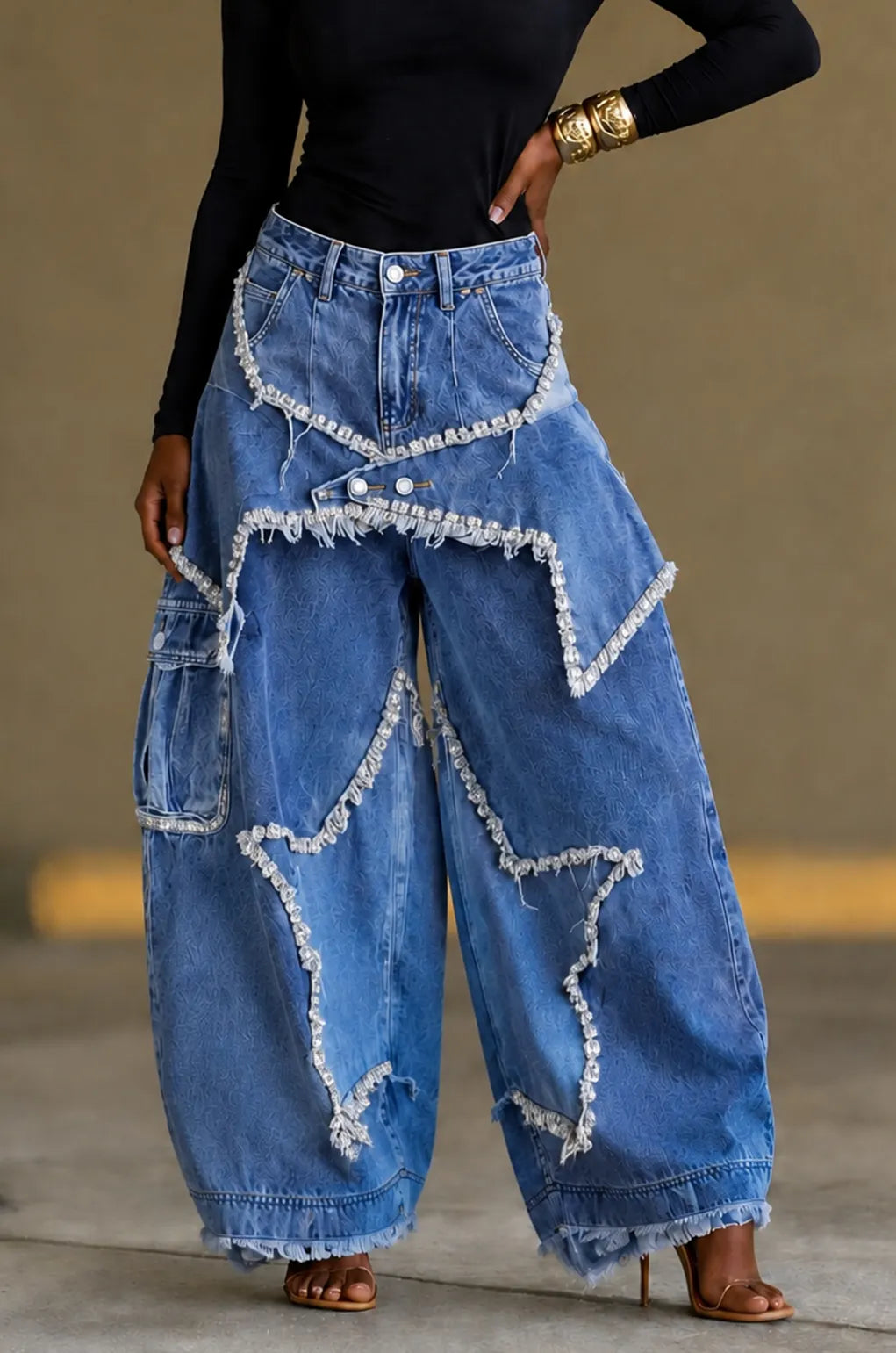 Fringe Rhinestone Star Cargo Wide Leg Jeans