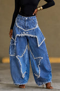 Fringe Rhinestone Star Cargo Wide Leg Jeans