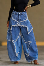 Fringe Rhinestone Star Cargo Wide Leg Jeans