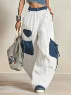 Oversized Striped Denim Patch Wide-Leg Cargo Pants