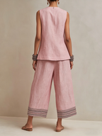 Blush Pink Linen-Blend Co-ord Set With Button Vest & Striped Hem Culottes