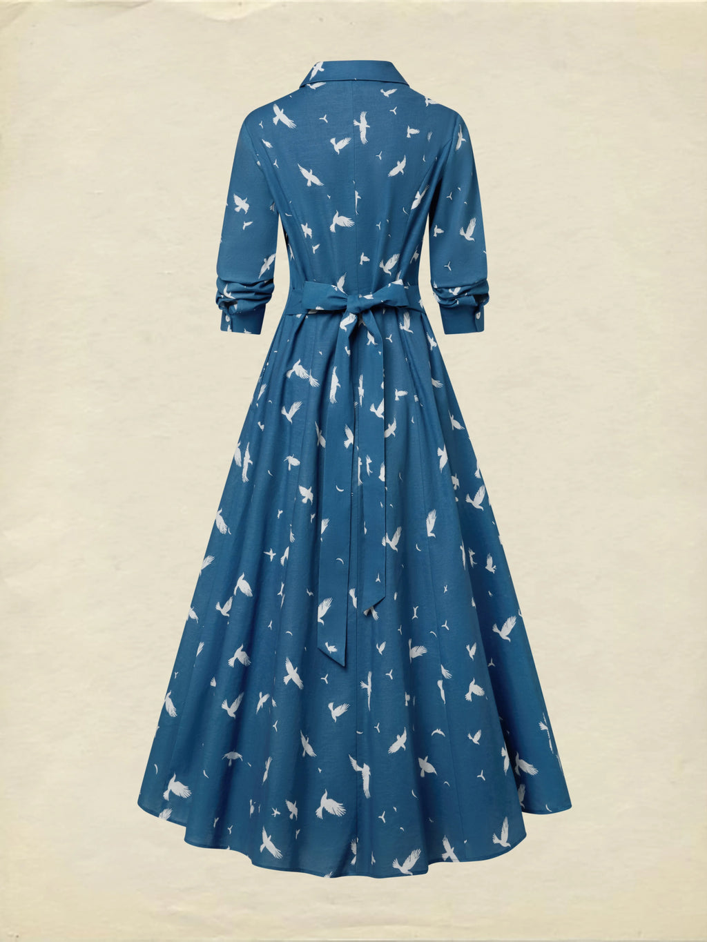 Maxi Linen Dress, Long Sleeves, Shawl Collar, Bird, Button Design, Vintage, Blue