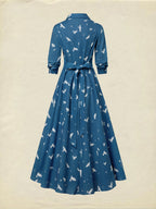 Maxi Linen Dress, Long Sleeves, Shawl Collar, Bird, Button Design, Vintage, Blue