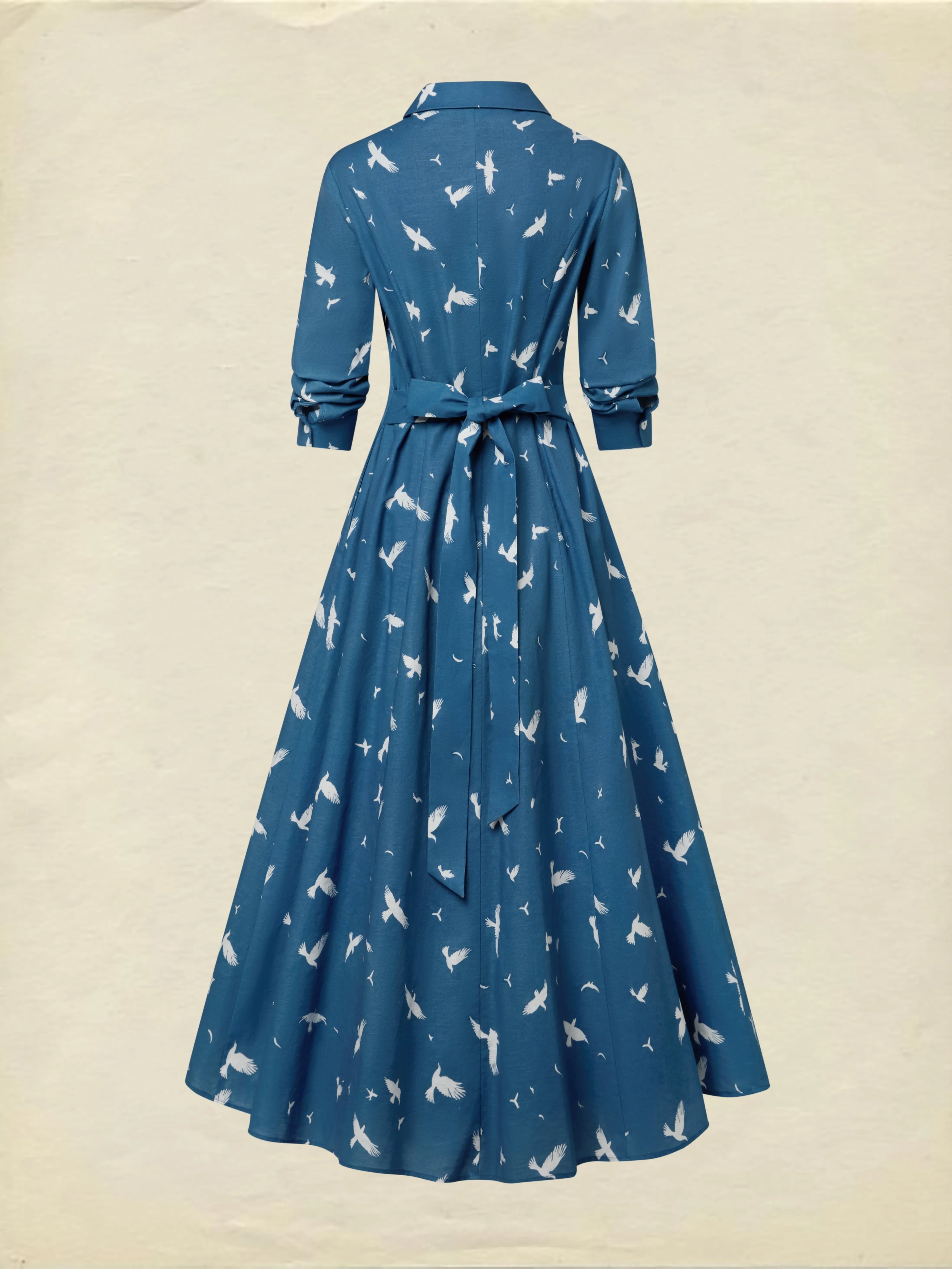 Maxi Linen Dress, Long Sleeves, Shawl Collar, Bird, Button Design, Vintage, Blue