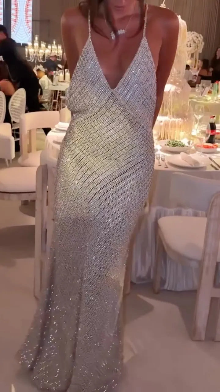 Deep V Backless Sequin Maxi Evening Gown