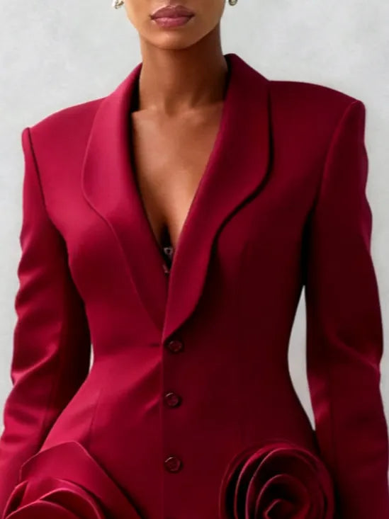 Burgundy 3D Floral Blazer Shawl Collar Long Sleeve A-Line Mini Dress
