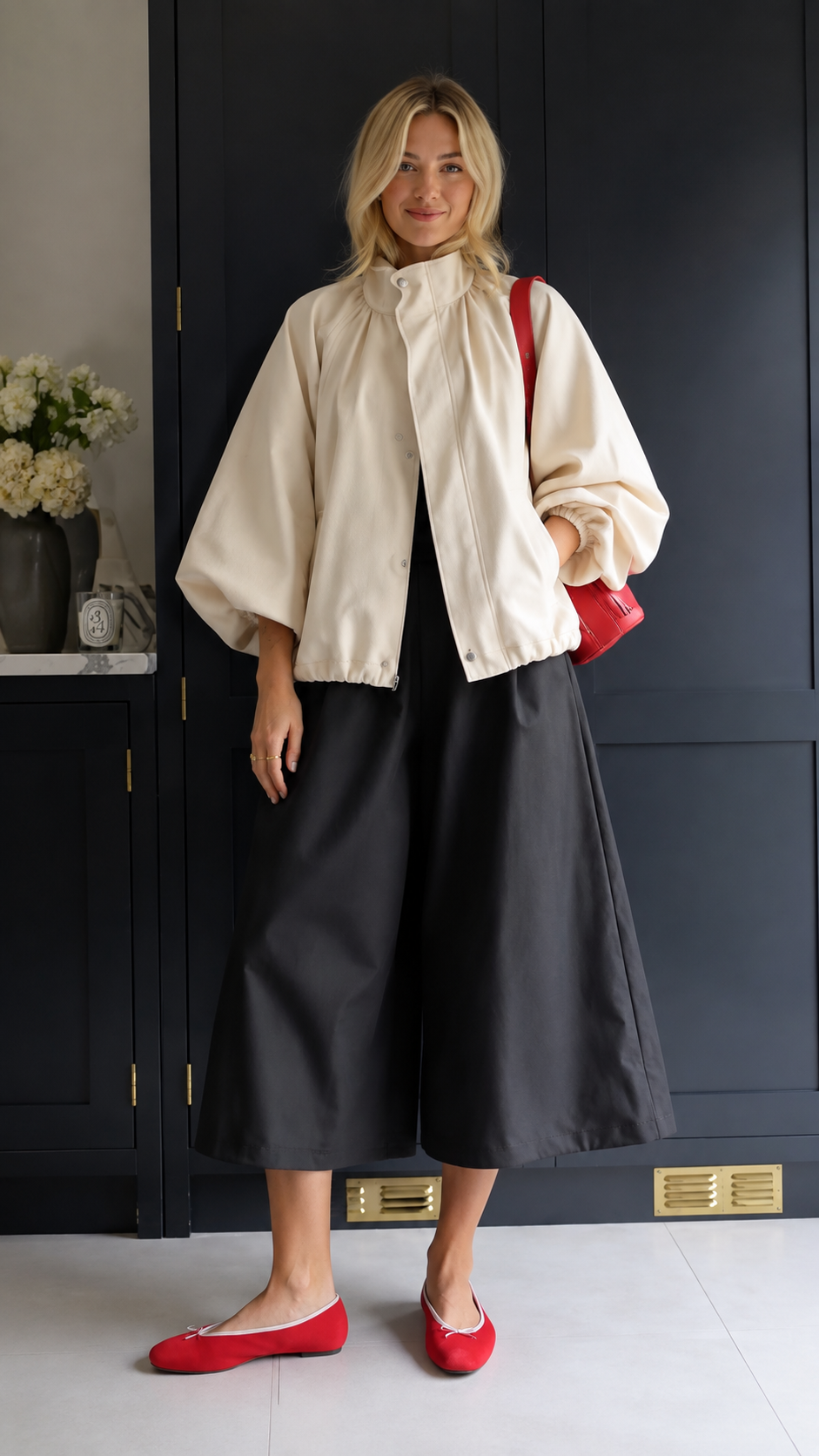 Puff Sleeve Jacket & Black Culottes Outfit