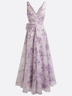 Purple 3D Floral Chiffon V Neck Sleeveless A-Line Gown Dress